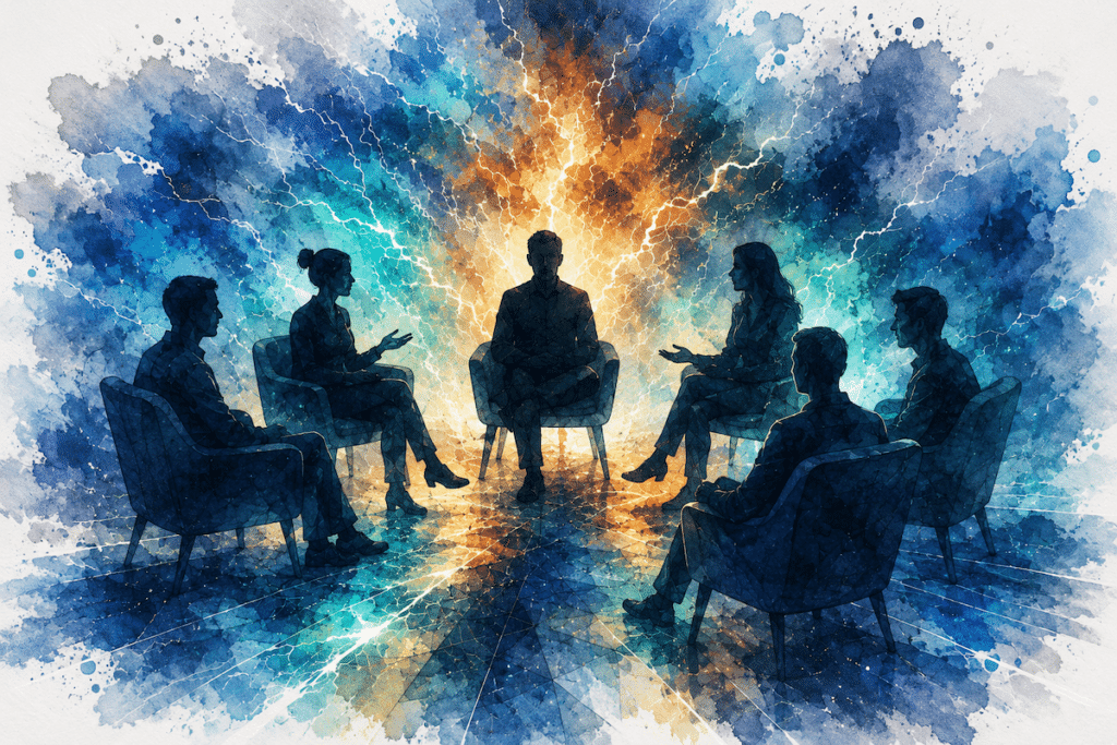 Pasadena Villa Outpatient - Blog image - watercolor painting in abstract shapes showing people in therapy